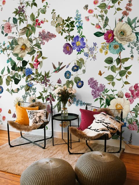 Papier peint fleurs botaniques oiseaux