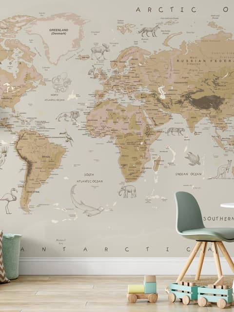 Kids Brown Political World Map with Animals Wallpaper Mural