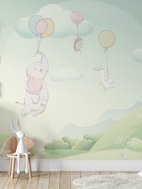 Animals Flying with Balloon Wallpaper Mural