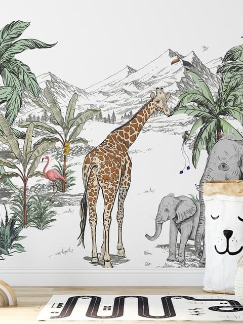 Fototapete "Tropische Tiere mit Bergmotiv für Kinderzimmer"