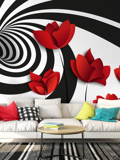 Papier peint panoramique coquelicots rouges avec fractales abstraites