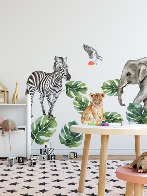 Stickers muraux animaux tropicaux avec feuilles pour enfants