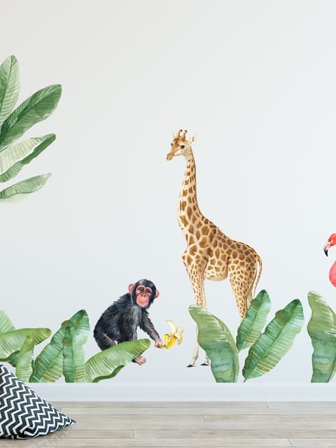Kids Tropical Animals with Palm Leafs Wall Decal Sticker