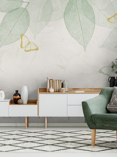 Papier peint nervures de feuilles avec petit motif de forêt