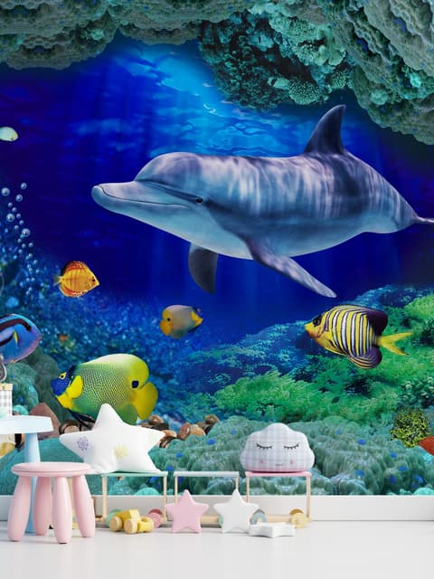 Fototapete 3D-Unterwasser-Look mit bunten Fischen