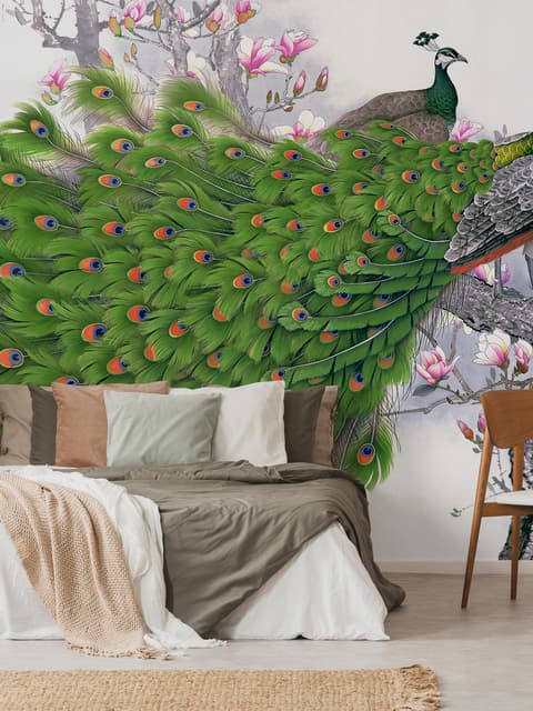 Elegante Pfau mit Kirschblüten Fototapete