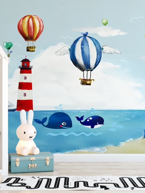 Papier peint Phare en aquarelle avec des montgolfières