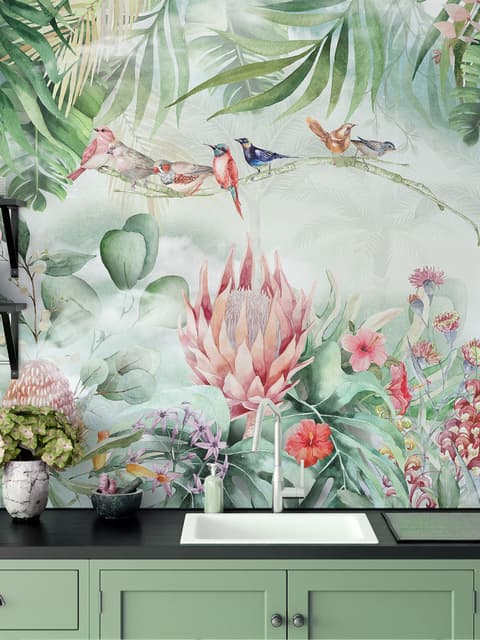 Bunte Tropische Exotische Kaktusblumen mit Kleinen Vögeln Fototapete