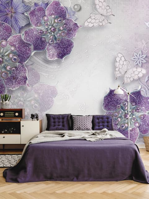 Lila Ornament Floral mit kleinem Schmetterling Fototapete