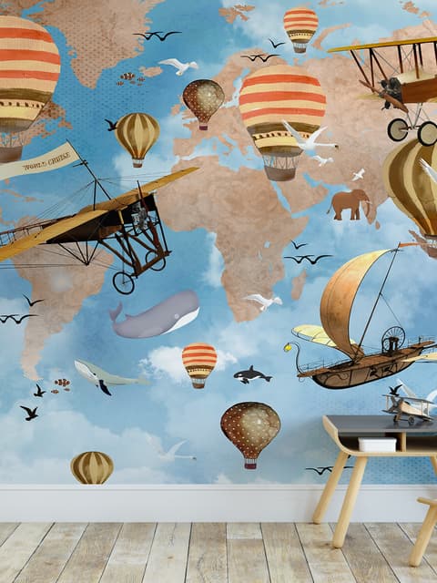 3D-Look Kinderweltkarte mit Heißluftballon Fototapete