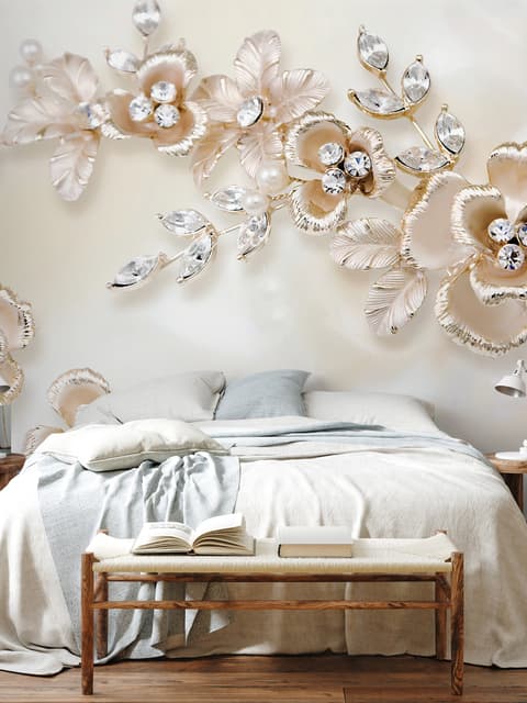 Papier peint panoramique floral rose Swarovski crème