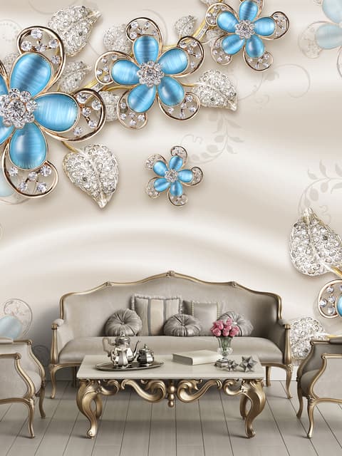 Papier peint panoramique bleu diamant avec feuilles Swarovski