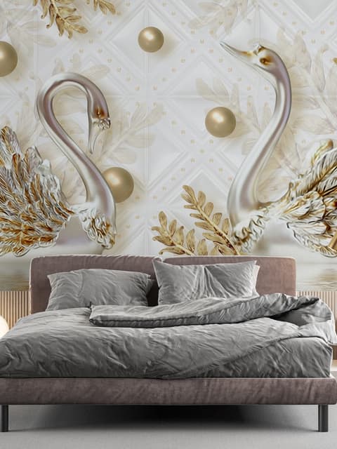 3D Look Schwan und Blatt mit Wasser Muster Fototapete