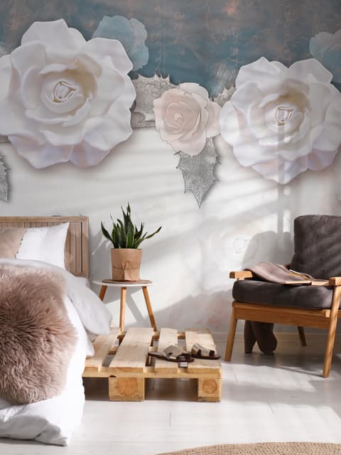 Papier peint panoramique vintage à fleurs de roses blanches