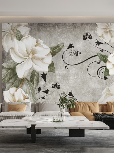 Vintage Cream Flowers Art Wallpaper Mural