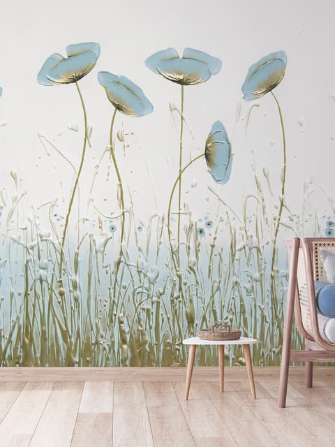 Peinture à l'huile bleu coquelicot fleurs Papier peint panoramique
