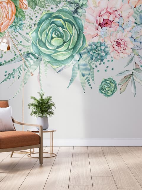 Papier peint panoramique art floral vert tendre nostalgique