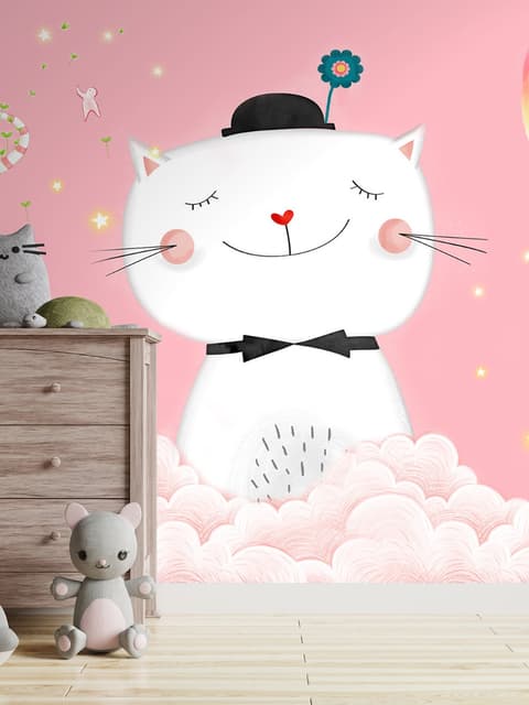 Papier peint panoramique chat heureux sur les nuages roses