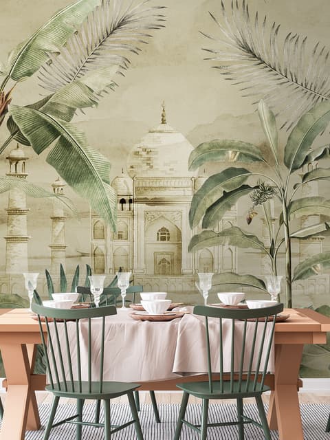 Papier peint panoramique Taj Mahal et feuilles vintage