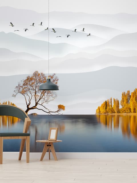 Papier peint panoramique paysage de rivière et arbres jaunes d'automne