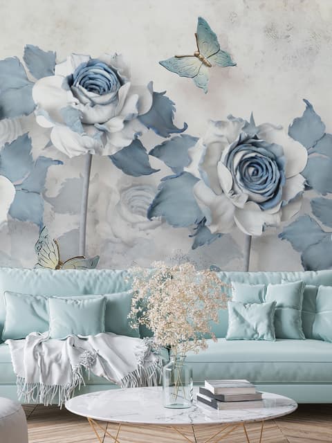 Soft Blue Floral Wallpaper Mural