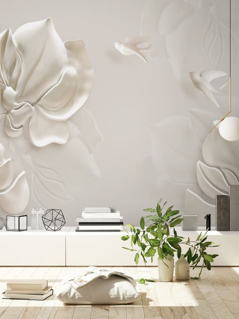 3D Embossed Look Magnolia Floral Art Wallpaper Mural