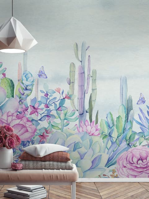 Papier peint panoramique fleurs d'hortensias et cactus vintage