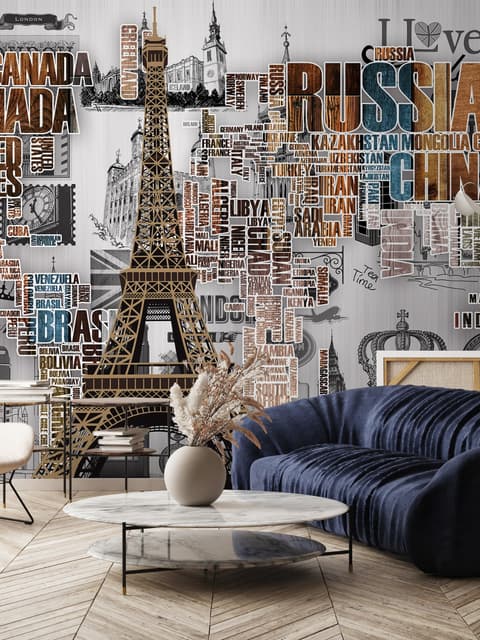 Eiffelturm und Länder-Typografie Fototapete