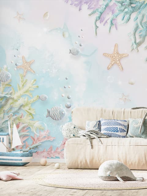 3D Look Soft Undersea with Seashells Wallpaper Mural