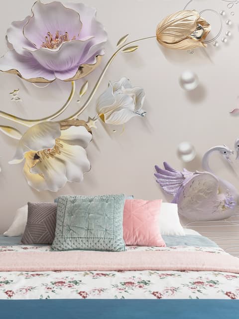 3D-Prägedesign Tulpenblüten mit Schwan Fototapete