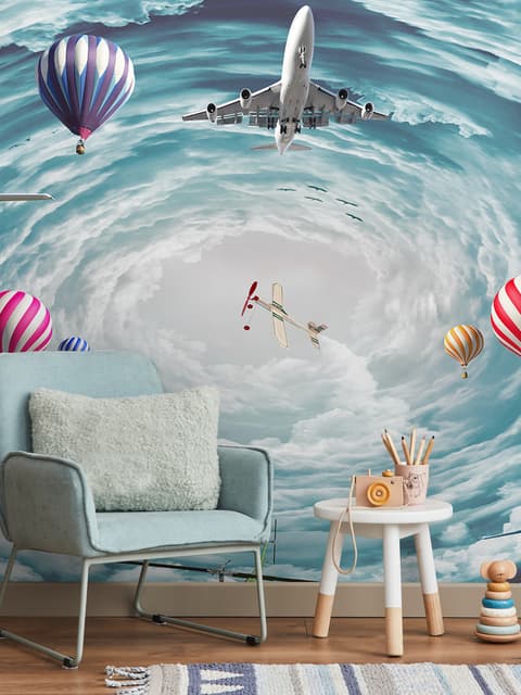 Papier peint panoramique montgolfières et avions dans le ciel