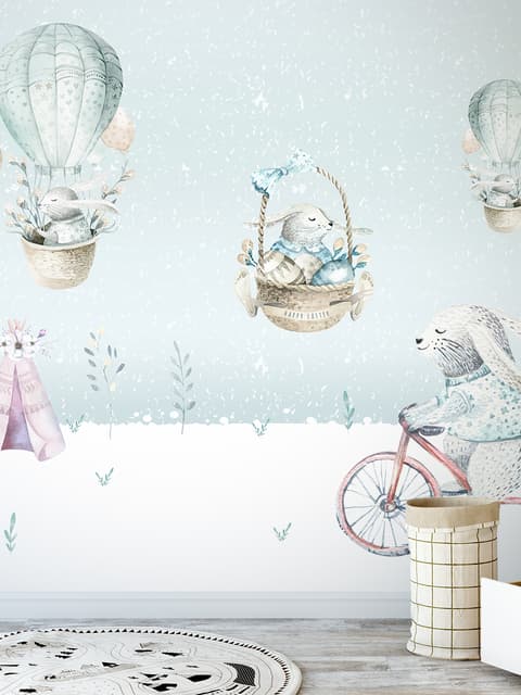 Cartoon-Winterlandschaft und Eichhörnchen mit Heißluftballons Fototapete