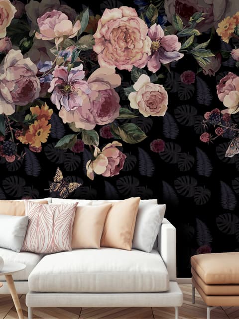 Vintage Dark Pink Flowers Wallpaper Mural