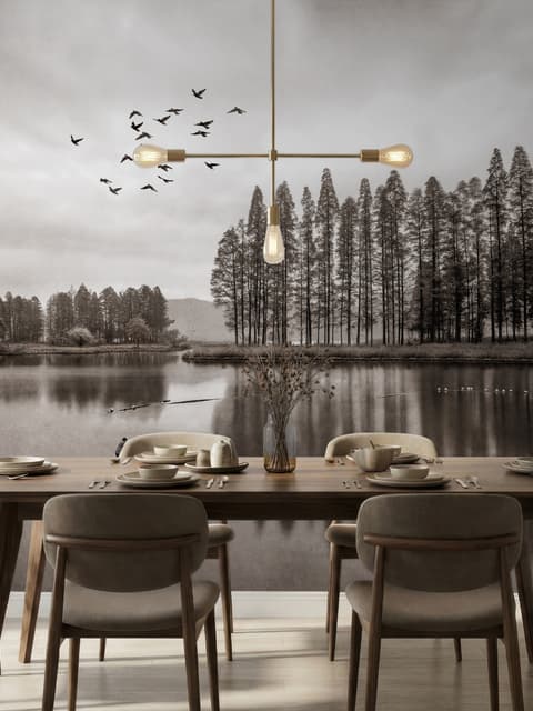 Monochrome Dark Forest and Lake Wallpaper Mural