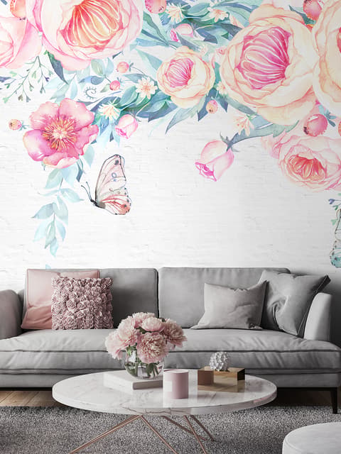 Papier peint panoramique vintage aquarelle fleurs roses