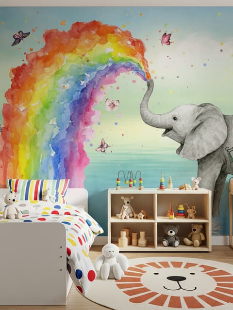 Kinder Fototapete Elefant mit Aquarell-Regenbogen