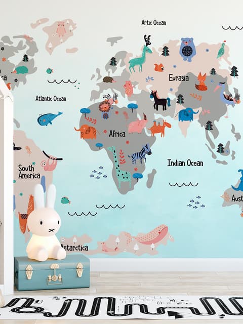 Papier peint panoramique carte du monde enfants avec animaux mignons