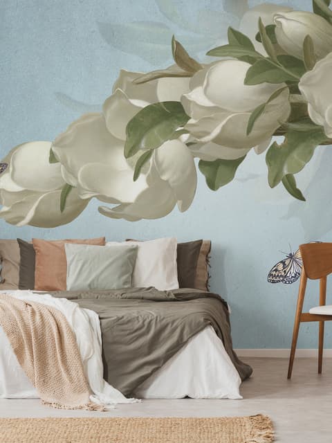 Papier peint panoramique floral et papillon Gardenia