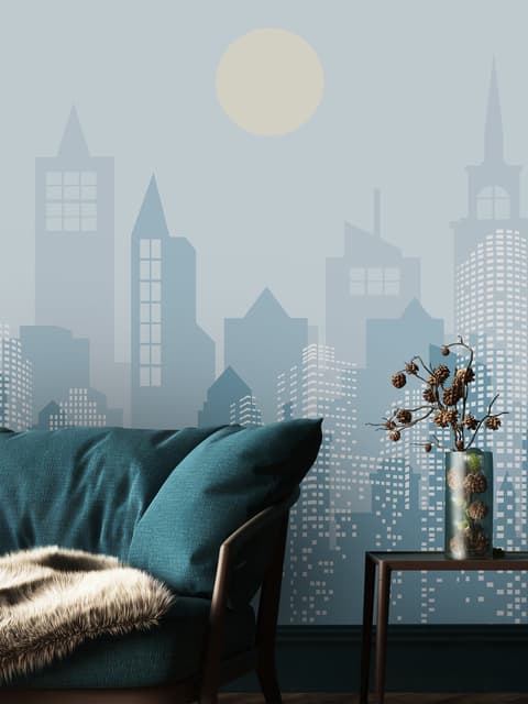 Blue Monochrome Cityscape and Soft Sun Wallpaper Mural