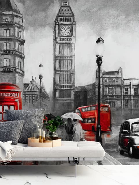 Monochrome Charcoal City Landscape and Red Bus Wallpaper Mural