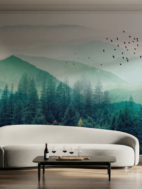 Papier peint forêt verte brumeuse avec oiseaux