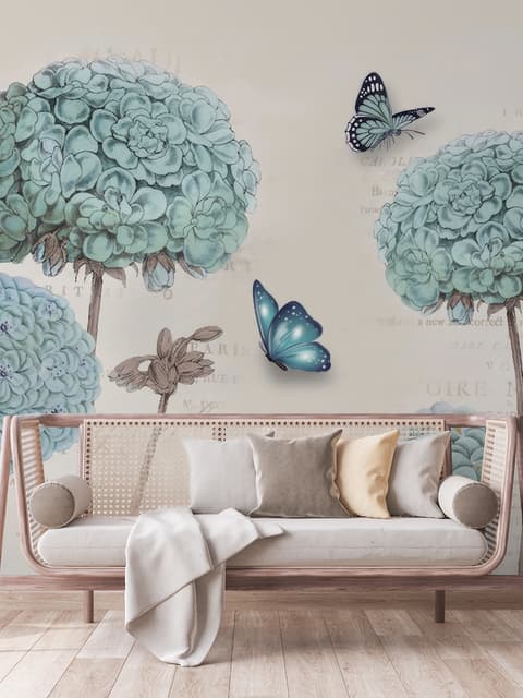 Light Blue Hydrangea Flowers and Butterflies Wallpaper Mural