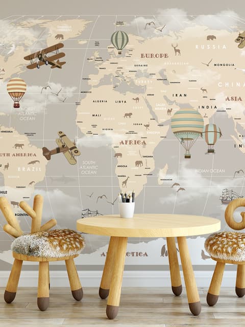 Beige Kids World Map with Hot Air Balloon Wallpaper Mural