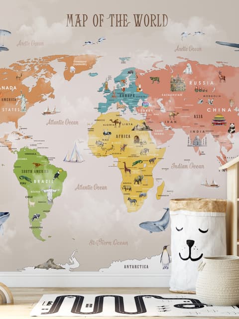 Colorful Kids World Map Wallpaper Mural