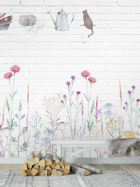 Aquarell Bunte Blumen mit Weißer Ziegelwand Fototapete