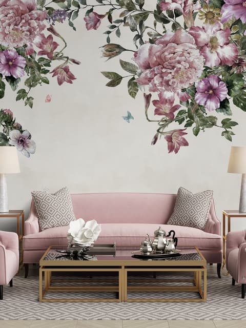 Papier peint panoramique vintage et floral rose