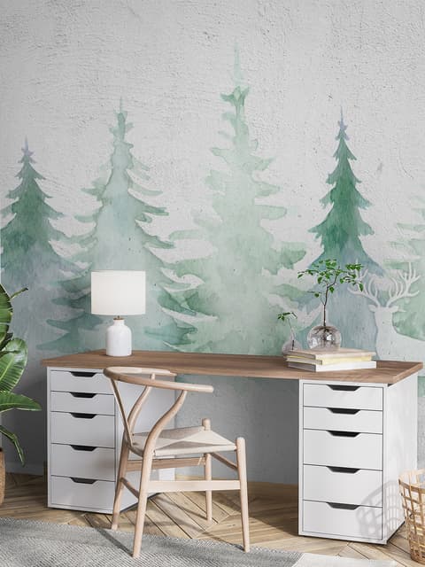 Papier peint panoramique forêt de pins d'hiver à l'aquarelle