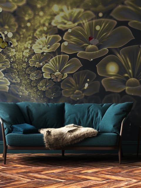 Dunkle Blumen auf gelbem Licht Fototapete