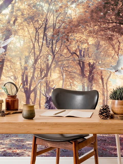 Papier peint panoramique forêt d'aquarelle et élan