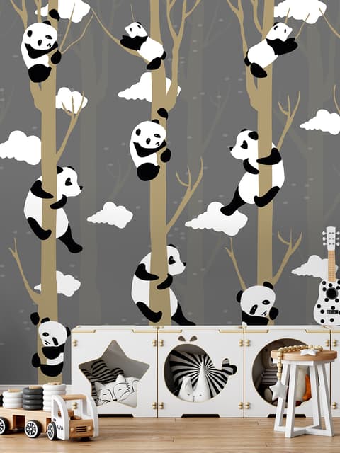 Cartoon Pandas with Tree Branches Wallpaper Mural